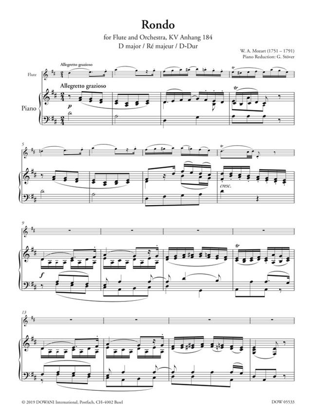 Rondo KV Anh. 184, Andante KV 315 - for Flute and Orchestra D major / Ré majeur / D-Dur, C major / Ut majeur / C-Dur - noty pro příčnou flétnu a klavír